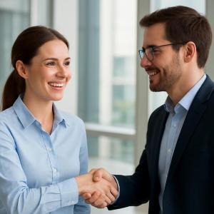 Two business professionals shaking hands, smiling. In a professional office-like environment, various shades of blue in cl...